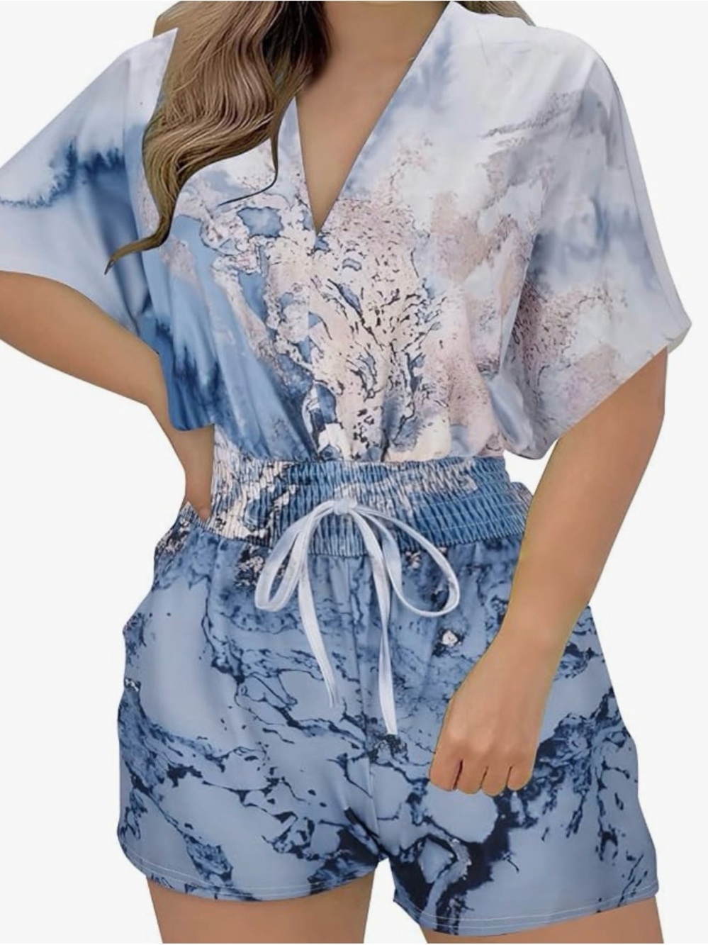 Blue Marble-Print Short Sleeve Romper with Drawstring Waist
